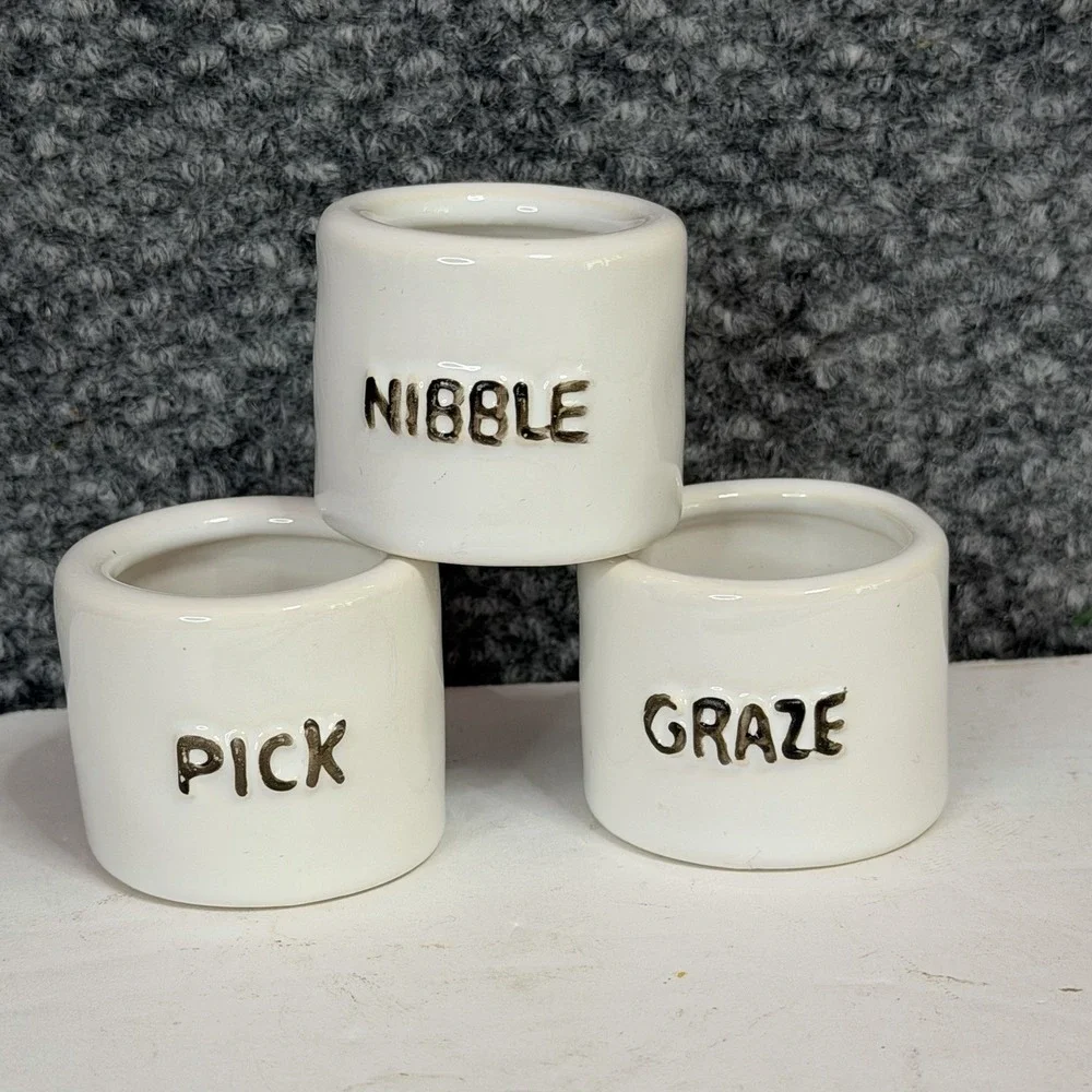 Set/ 3 Pier 1 Ceramic Napkin Rings White Stamped Thanksgiving Napkin Rings